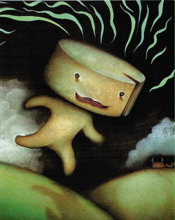 Illustrated character with a square cheese-shaped head running with green stink lines rising from it