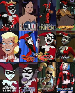 Grid of Harley Quinn character art in various animated styles and costumes