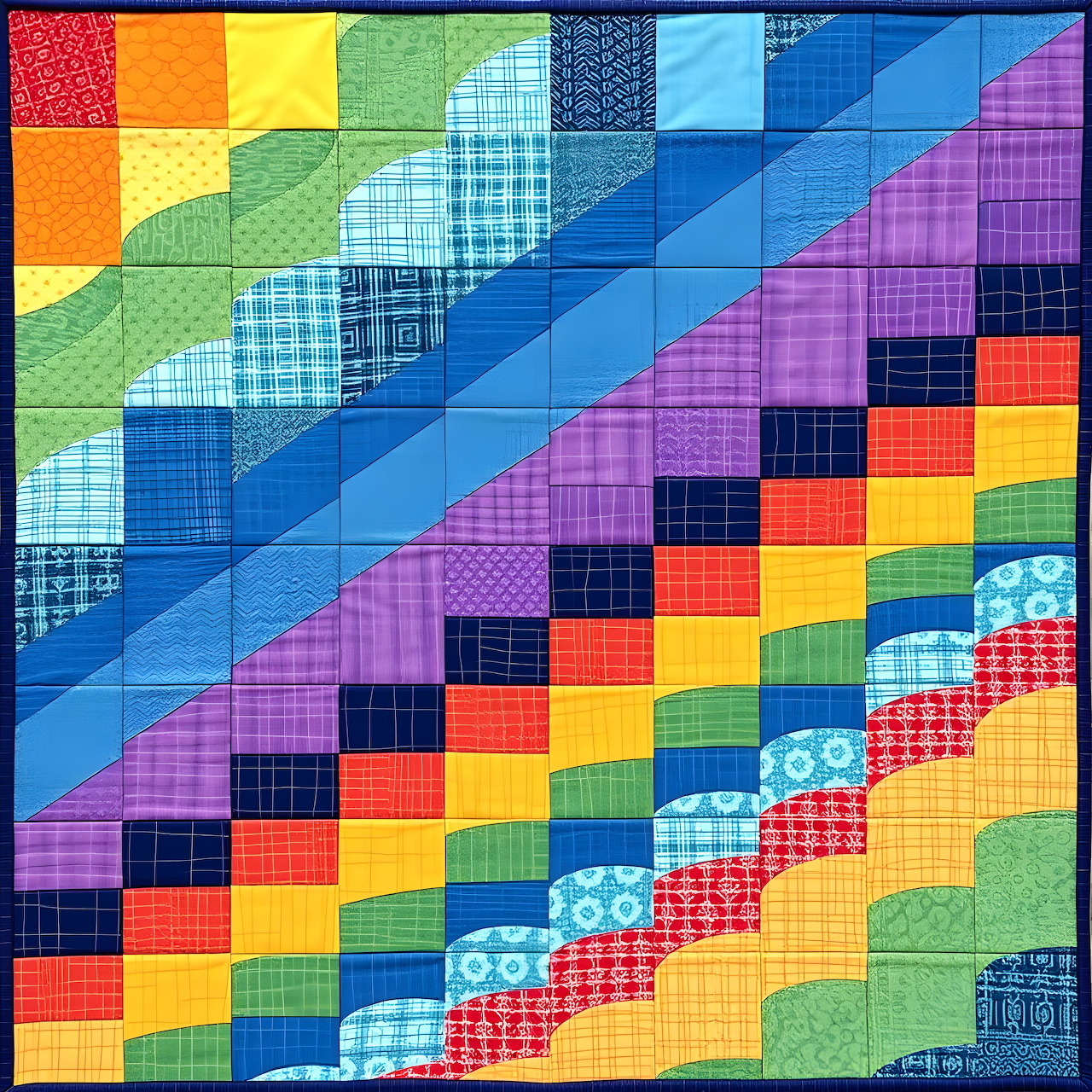 Diagonal rainbow striped patchwork quilt with colorful fabric squares in geometric pattern