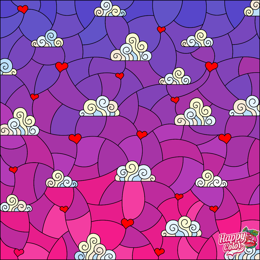 Purple and pink abstract pattern with white swirly clouds and small red hearts