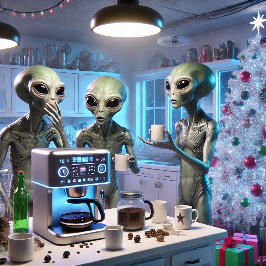 Three grey aliens in a kitchen with a coffee maker, Christmas decorations, and holiday lights