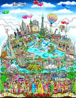 Whimsical illustrated island with iconic world landmarks, hot air balloons, crowds of people, and blue waterways