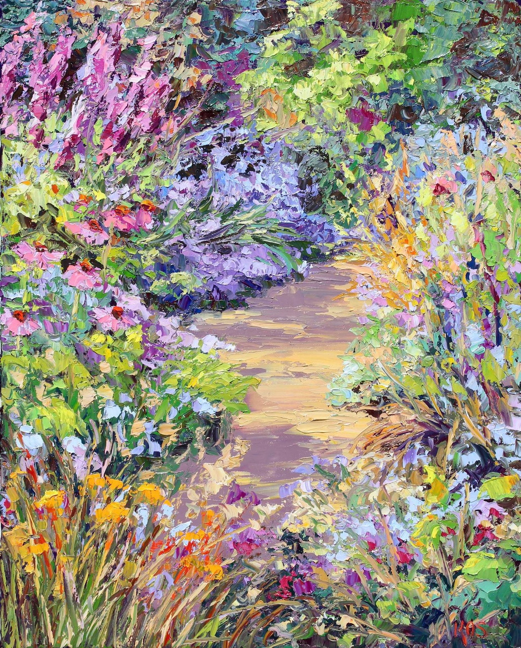Impressionist painting of garden path surrounded by colorful flowers and plants in pink, purple, yellow and green