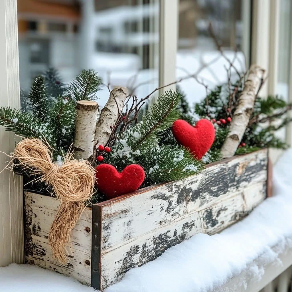 Rustic wooden planter with birch logs, evergreen sprigs, and red heart ornaments on a snowy windowsill