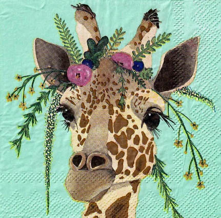 Illustrated giraffe with a floral crown, small birds, and green branches on a mint background
