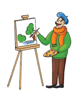 Cartoon man in blueret and orange scarf painting trees on an easel with a palette in hand