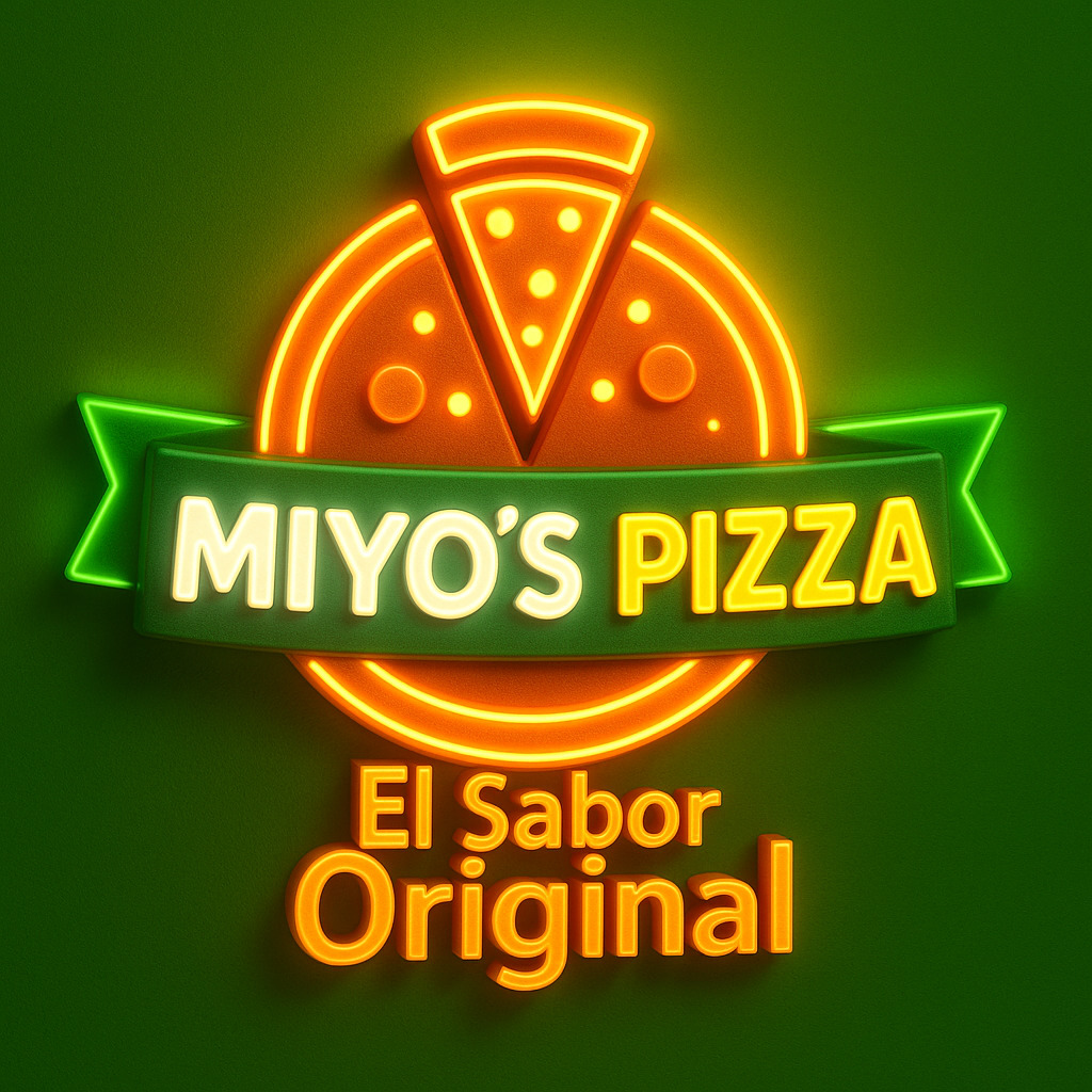 Neon pizza logo reading Miyo's Pizza above El Sabor Original on a green background