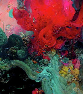 Abstract digital art with swirling red, teal, and green fluid shapes and organic botanical-like textures