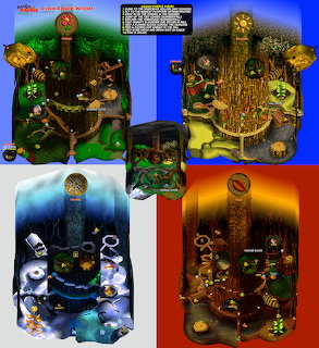 Four vintage pinball machine playfields arranged in a 2x2 grid showing different game themes and colorful designs