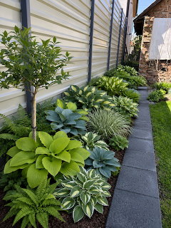 Lush garden border with hostas, ferns, and ornamental grasses along a house siding and stone path