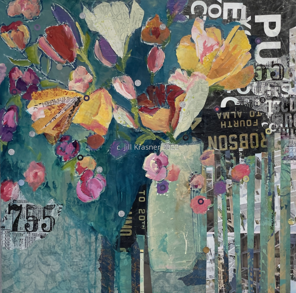 Mixed media painting of colorful spring flowers with collaged text on teal background