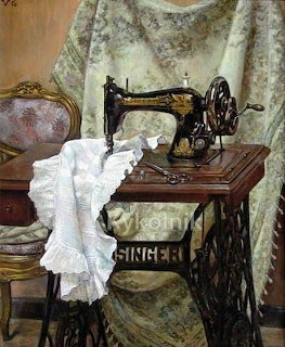 Painting of vintage Singer sewing machine with white lace on wooden table in rustic interior setting