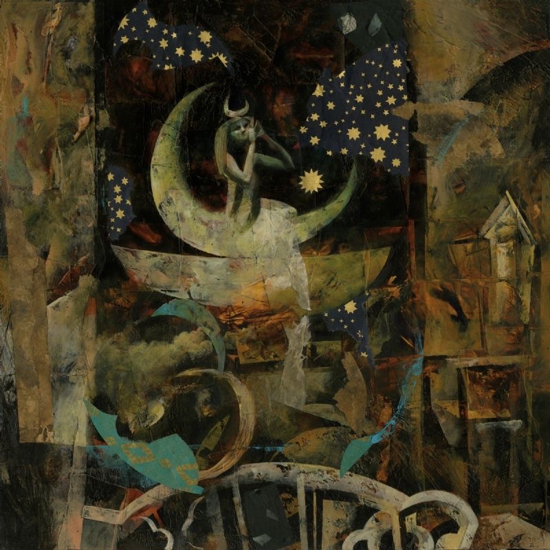 Surreal collage artwork showing a woman on a crescent moon under stars