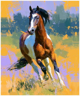 Brown and white horse galloping in painted field with purple and orange flowers