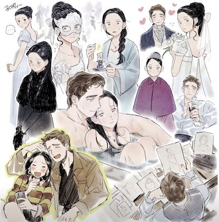 Fanart collage of Bridgerton-style couples and character portraits in a soft watercolor sketch style