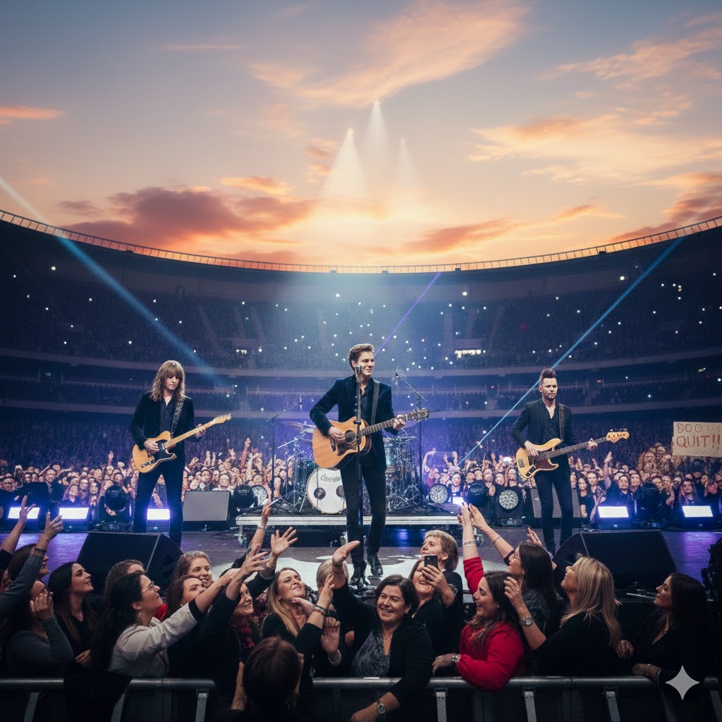 Rock band performing on a stadium stage at sunset with cheering fans in the foreground