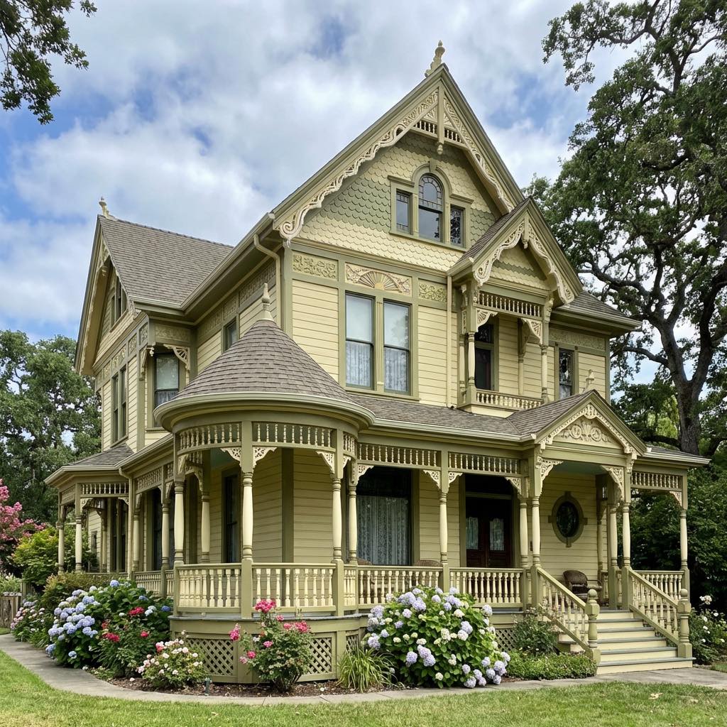 Yellow Victorian mansion with wraparound porch, turret, ornate trim, and flower gardens under blue sky