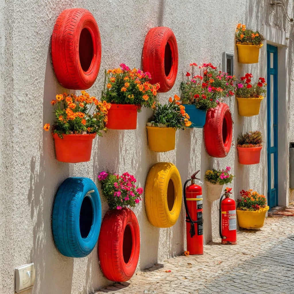 Colorful painted tires and flower pots mounted on a wall in a cobblestone alley