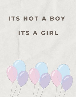 Text saying 'ITS NOT A BOY ITS A GIRL' above pastel balloons on a beige background