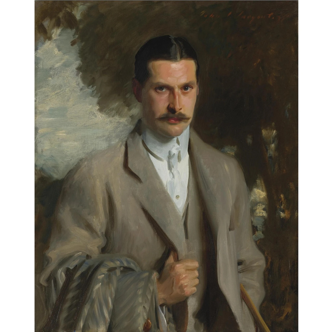 Painted portrait of a mustached man in a light suit against a dark background