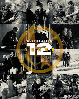 Hunger Games 12 year anniversary collage with multiple movie scenes in black and white with gold badge