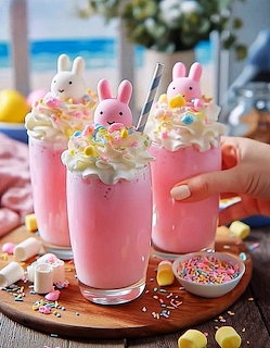 Three pink drinks with whipped cream, sprinkles, and buny marshmallows on a wooden board
