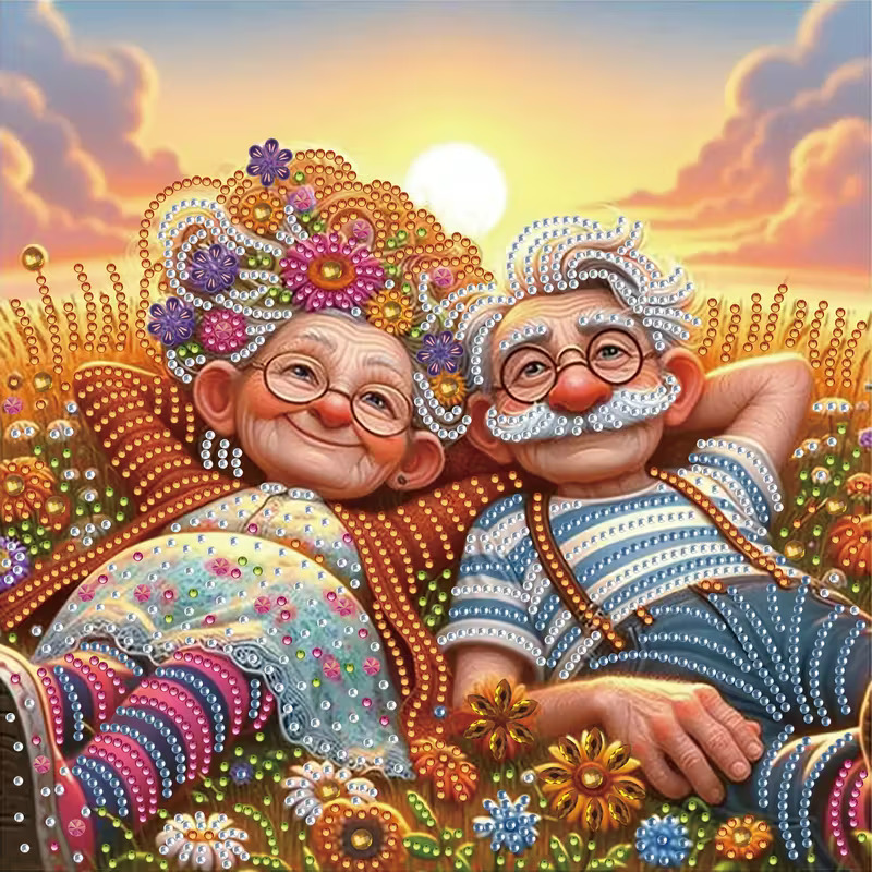 Colorful illustration of a smiling elderly couple relaxing in a flower-filled field at sunset