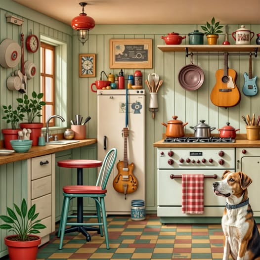 Cozy vintage kitchen with green cabinets, guitars on wall, checkered floor, plants, and a dog