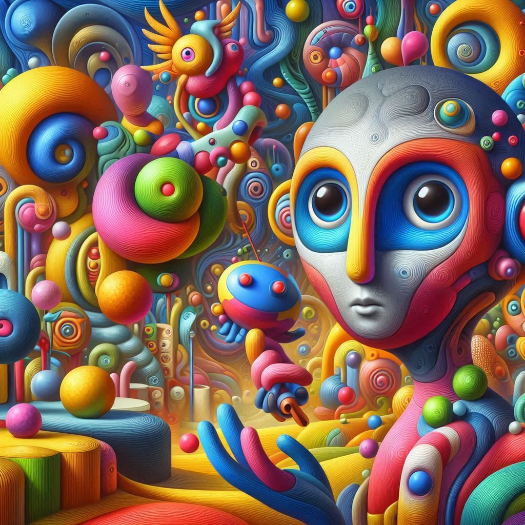 Colorful surreal abstract artwork with a large stylized face and many bright swirling shapes and spheres