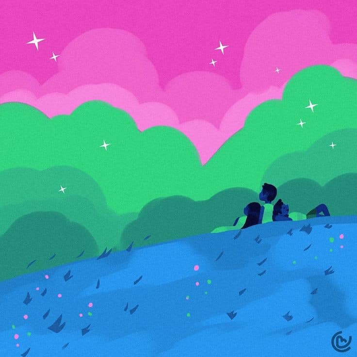 Two silhouetted figures on a blue hill under pink and green clouds in a colorful illustration