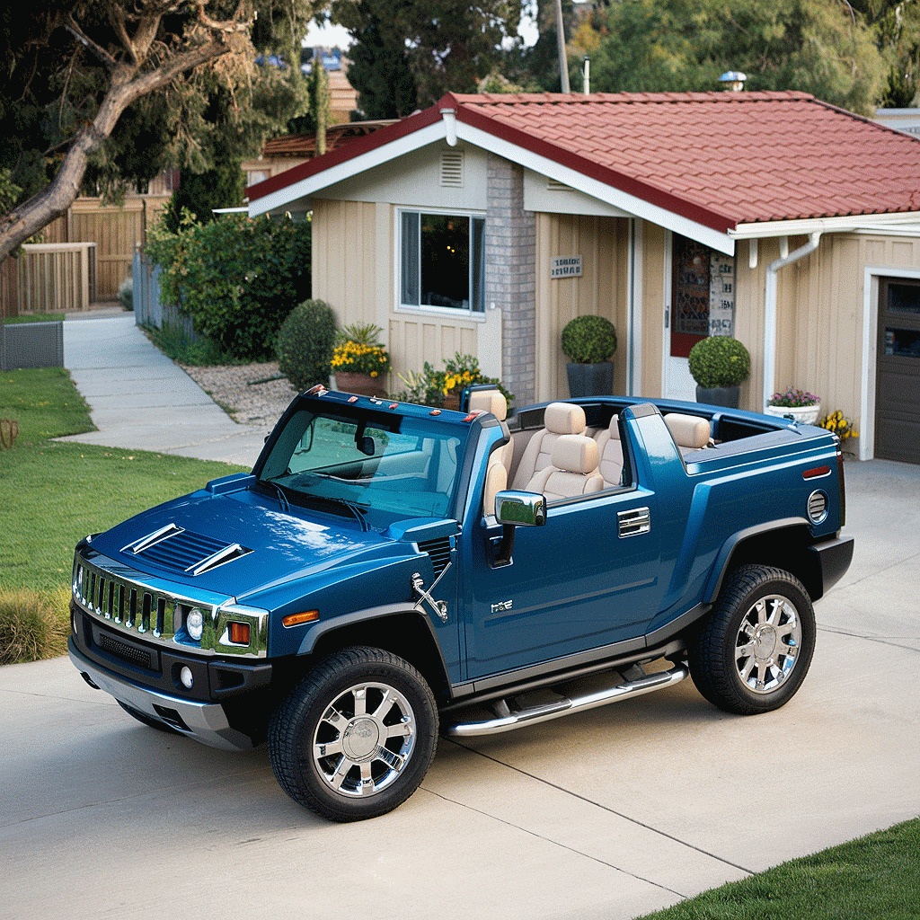 Blue Hummer H2 convertible SUV parked in suburban driveway