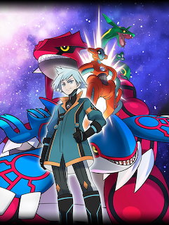 Anime trainer with legendary Pokémon Groudon, Kyogre, and Rayquaza on purple space background