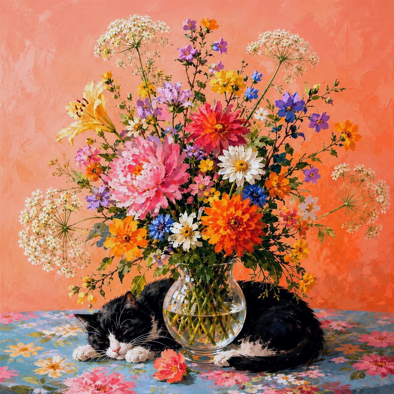 Black and white cat sleeping next to colorful flower bouquet in vase on pink background
