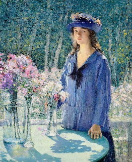 Impressionist painting of woman in blue dress with flowers at garden table