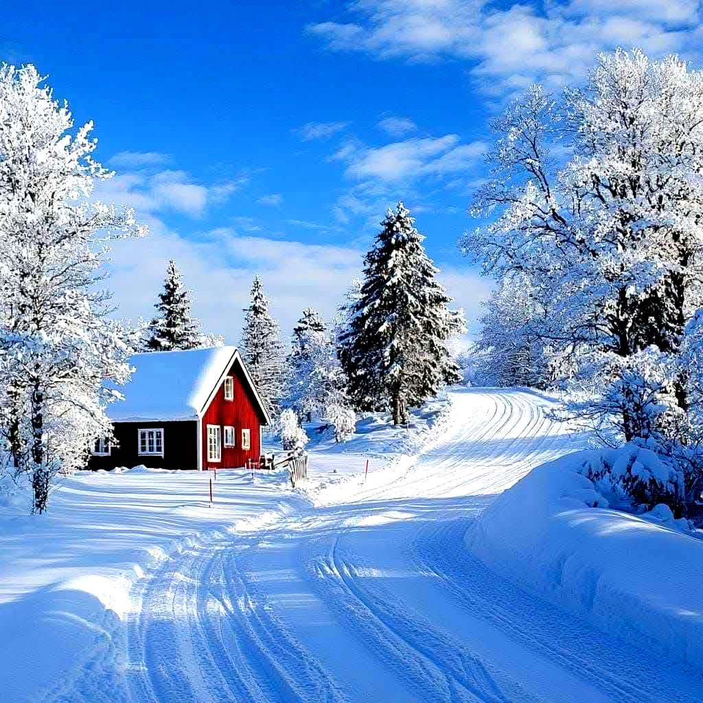 Red cabin surrounded by snow-covered trees and path in bright winter sunlight