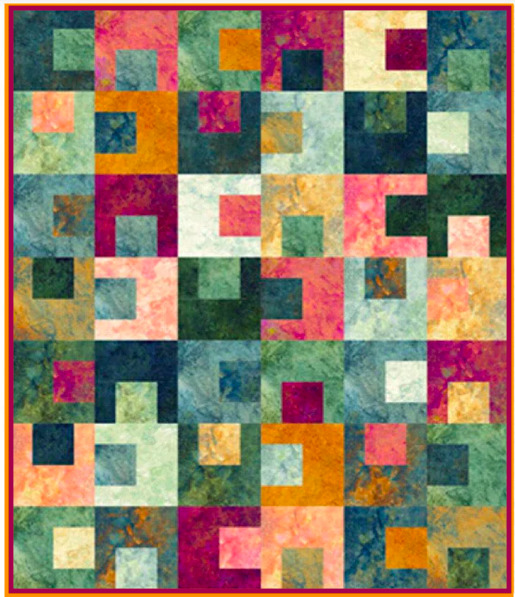 Colorful geometric quilt with nested squares in jewel tones, greens, pinks, and oranges arranged in patchwork grid pattern