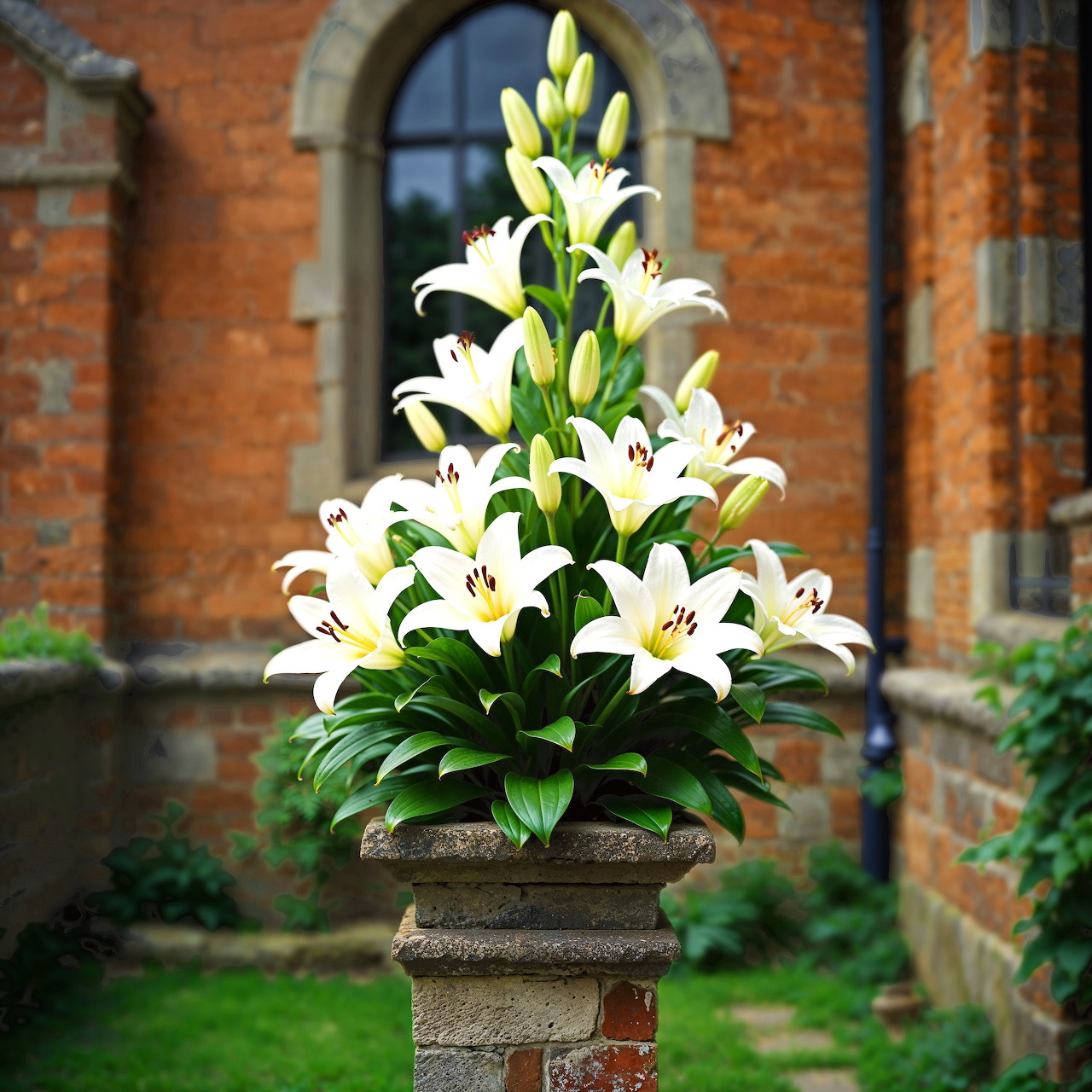 White lilies in a stone planter beside a brick building and garden path