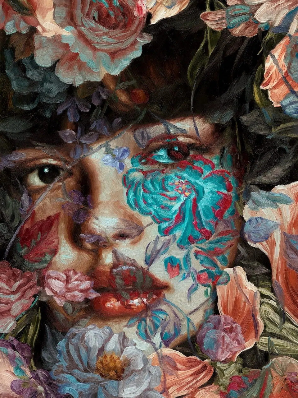 Sureal painting of a woman's face surrounded by and merged with colorful flowers