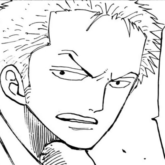 Close-up black-and-white anime drawing of Zoro with a stern expression