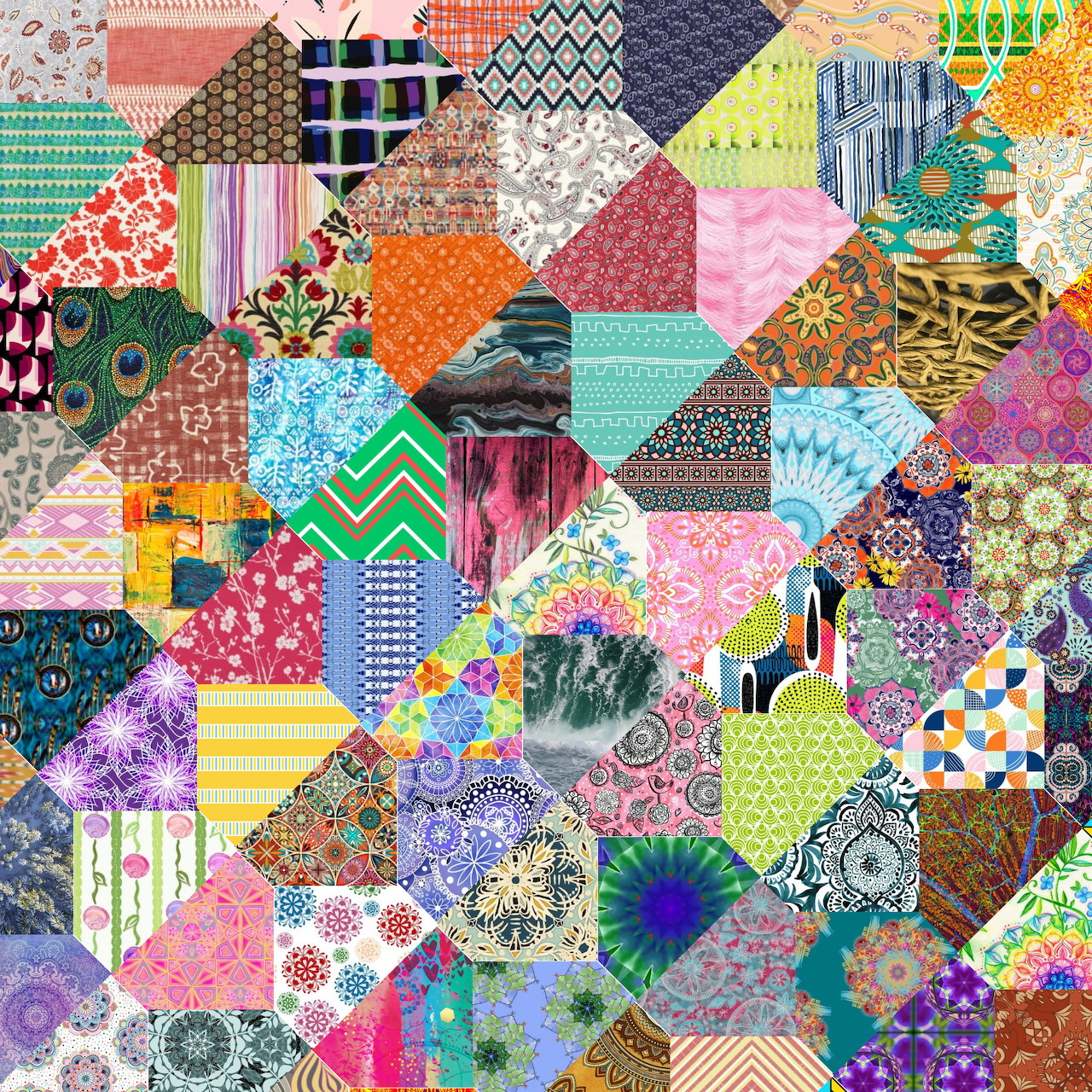 Colorful patchwork collage with varied fabric patterns including florals, geometrics, stripes, and abstract designs
