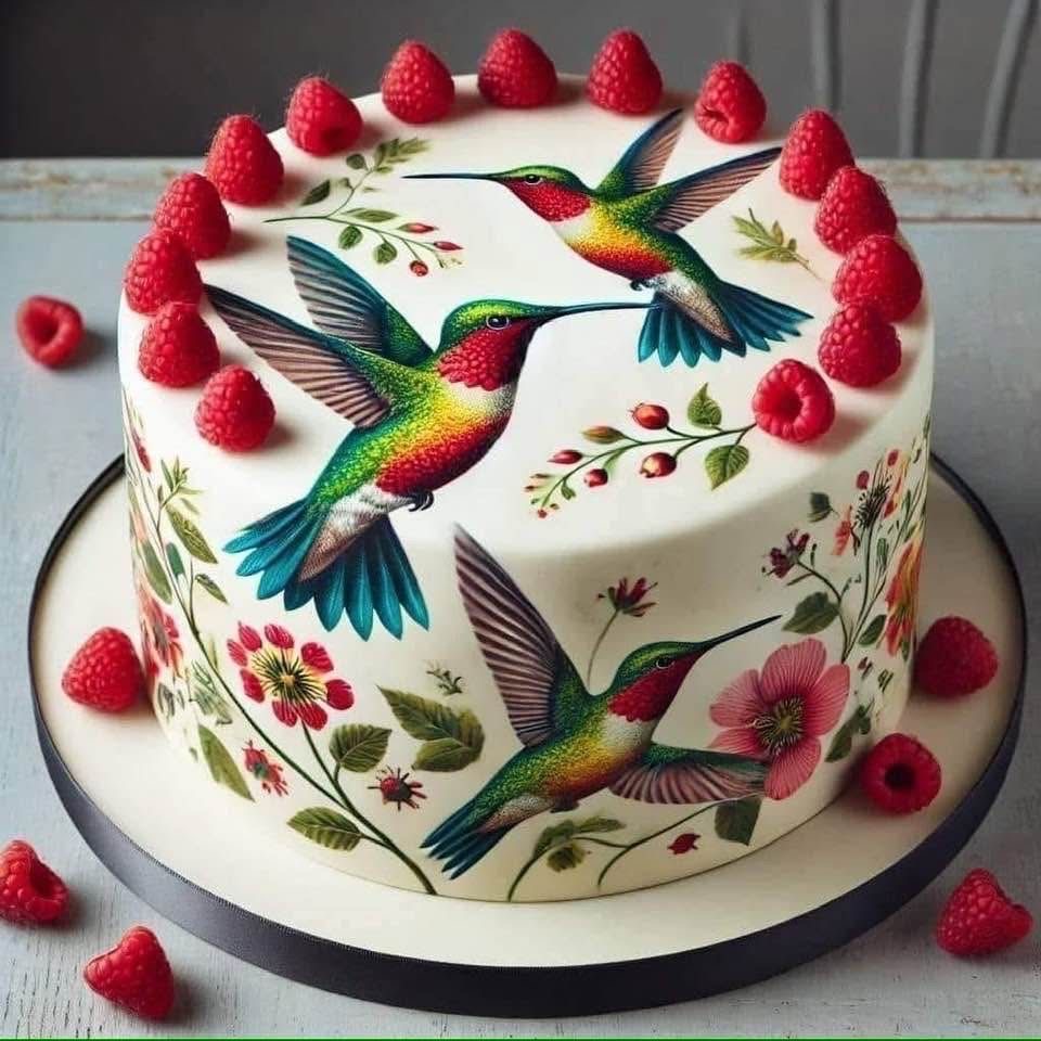 White round cake with hummingbird and floral decorations, topped with raspberries