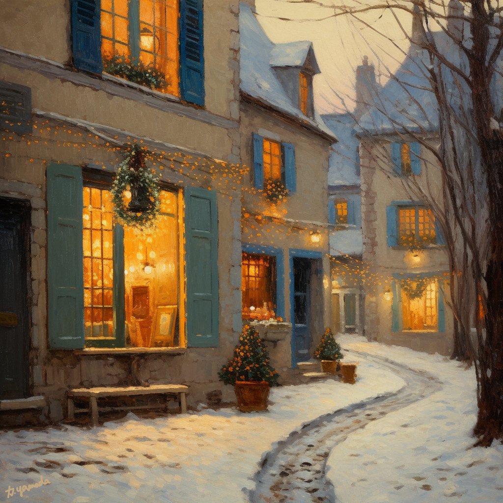 Painting of a snowy village street with glowing windows and bare trees at dusk