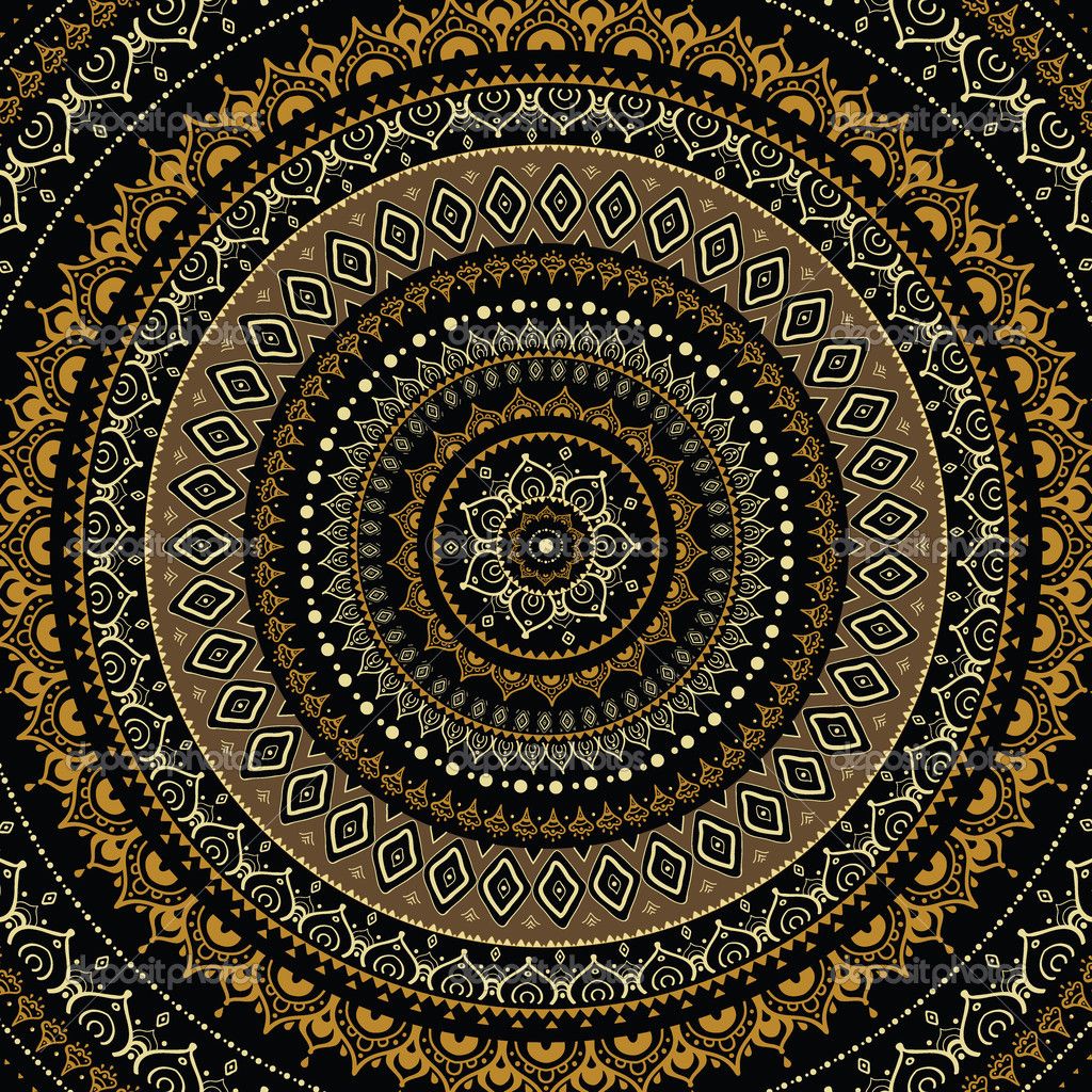 Ornate gold and white mandala with concentric geometric patterns on black background