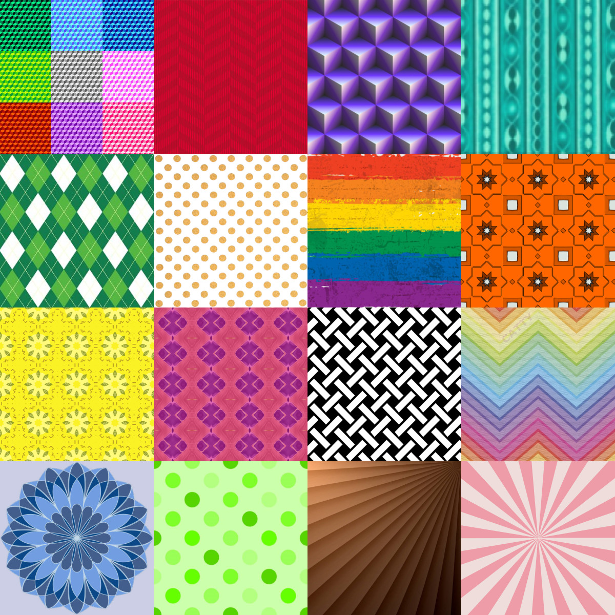 Grid of 16 colorful quilt pattern squares with various geometric and floral designs