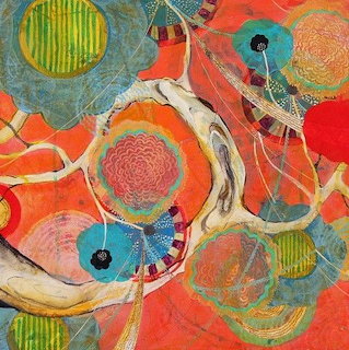 Abstract collage with overlapping circles, curved shapes, and textured patterns in warm and cool colors