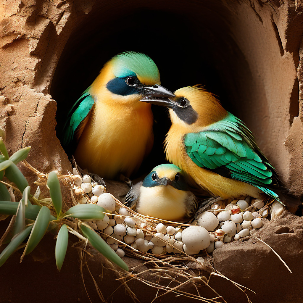Two colorful bee-eater birds feeding chick in nest with pebbles