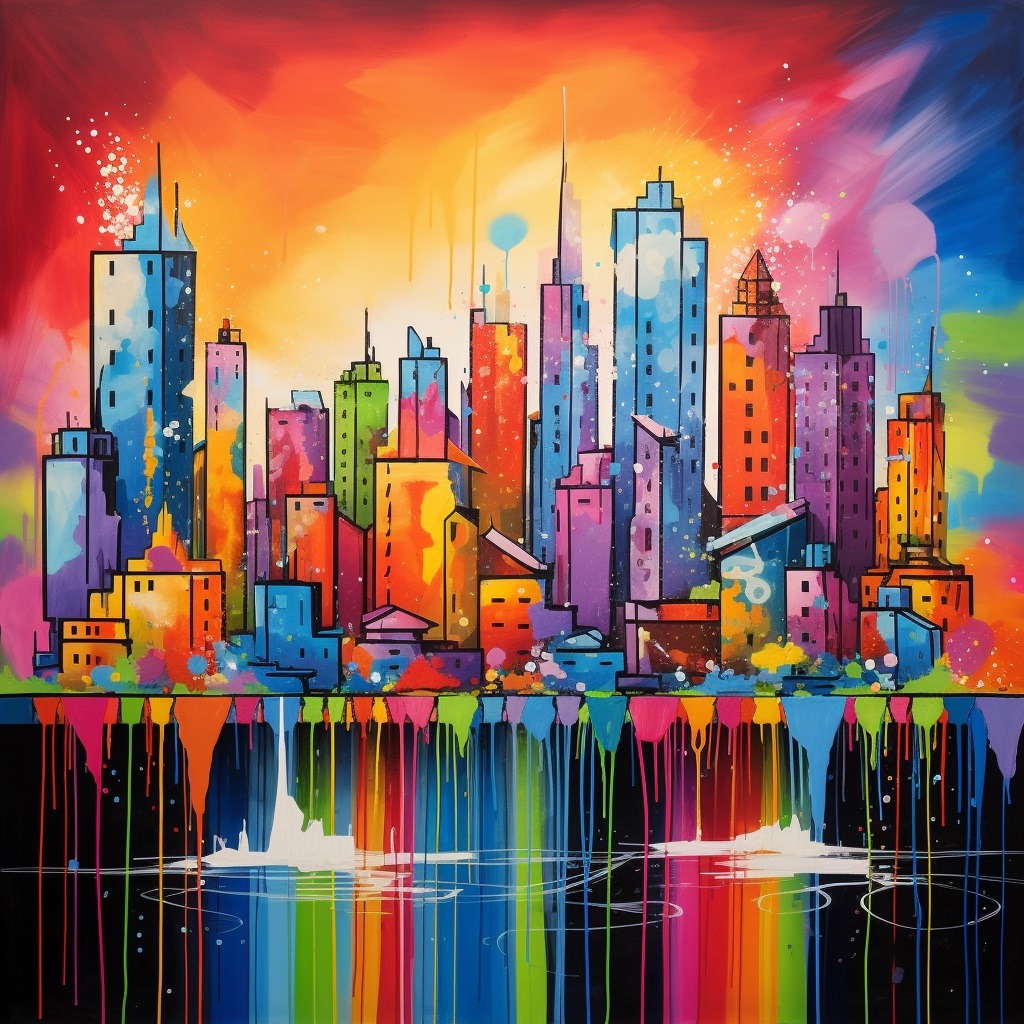 Colorful watercolor painting of city skyline with rainbow buildings and reflections