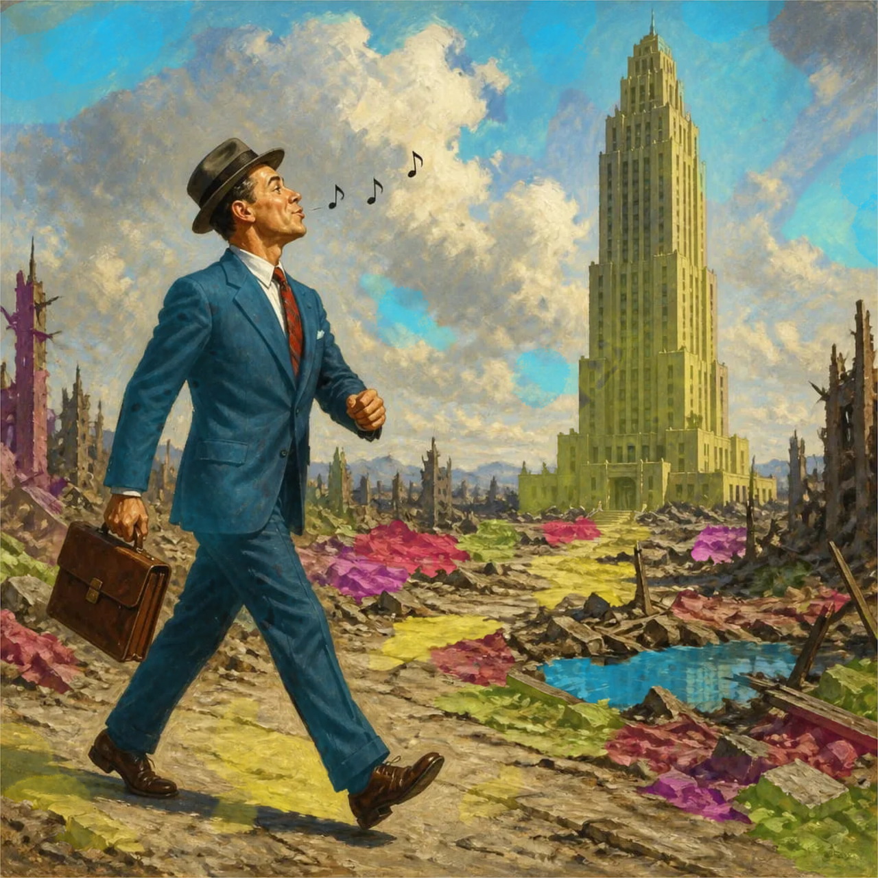 Painting of a businessman whistling as he walks through ruins toward a tall tower