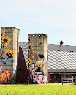 Two grain silos painted with colorful sunflowers and pumpkins next to a red barn on a farm