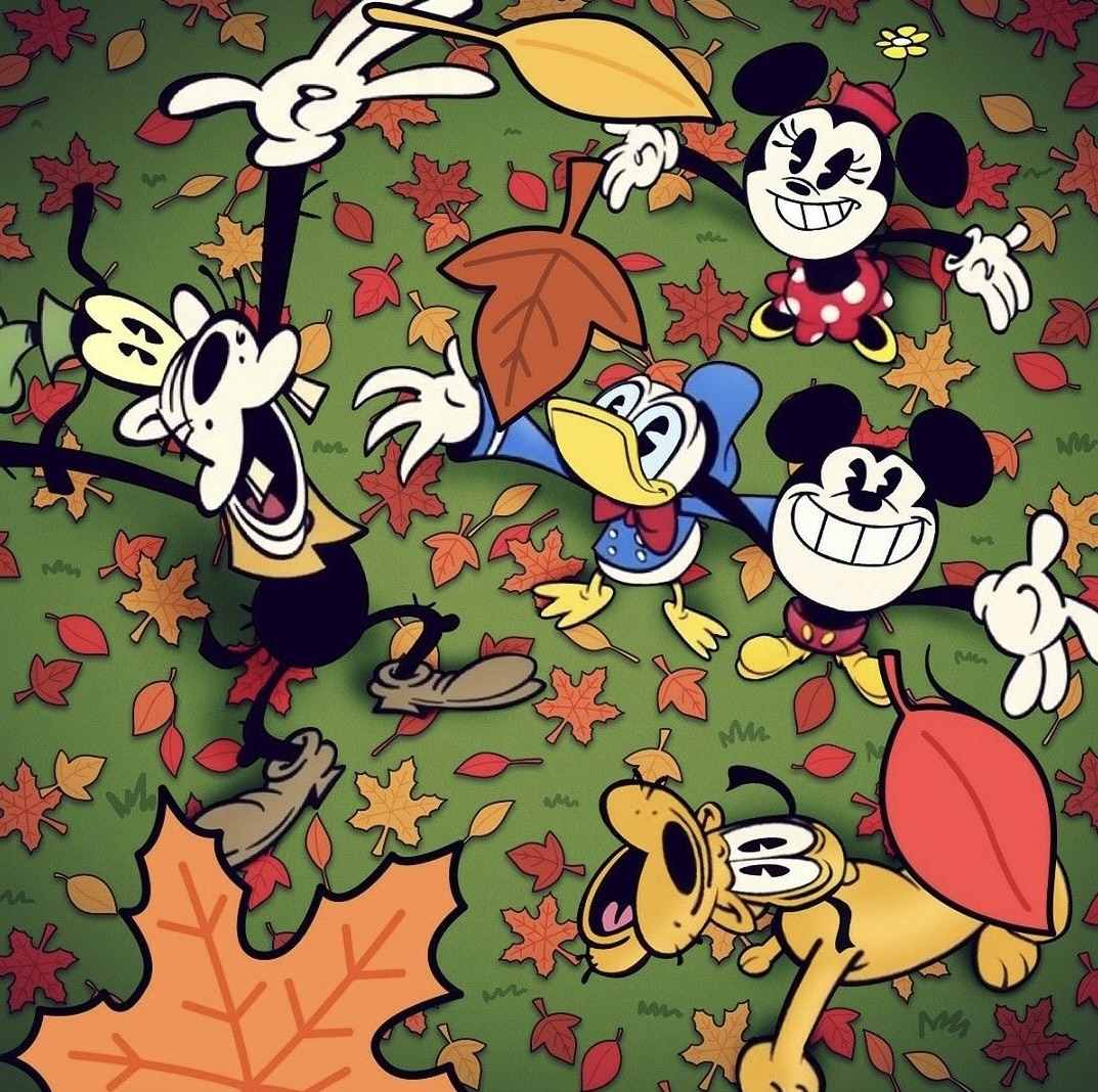 Disney cartoon characters scattered among autumn leaves on green background